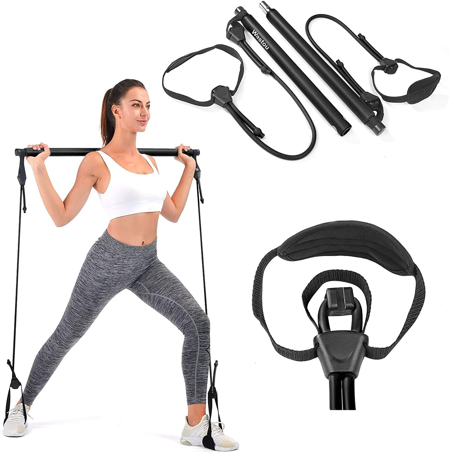 Pilates Bar,  Portable Pilates Bar Kit with Adjustable Resistance Band for Different Height, Home Gym Exercise Stick Yoga Bar with Foot Loop for Hipsline, Stretching, Muscle Toning