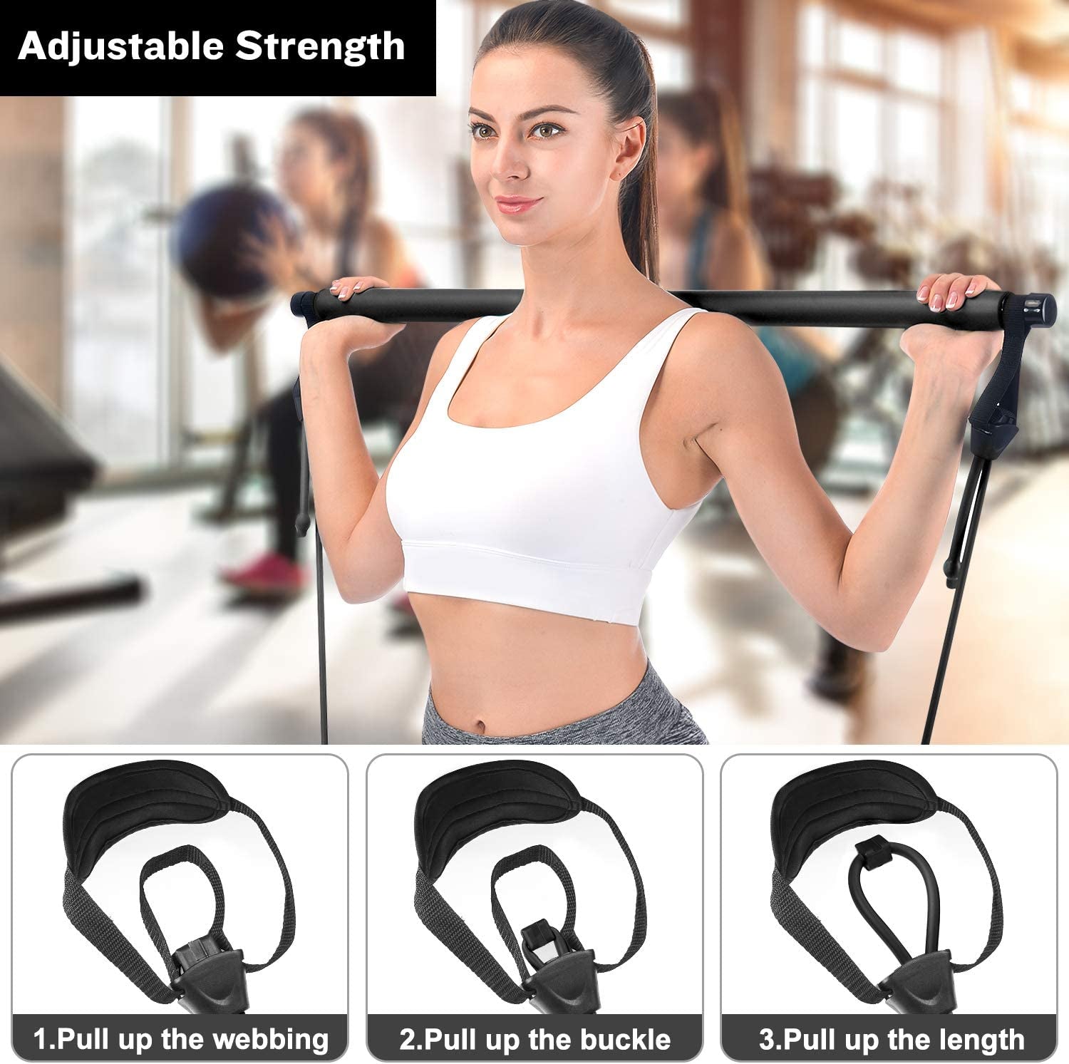 Pilates Bar,  Portable Pilates Bar Kit with Adjustable Resistance Band for Different Height, Home Gym Exercise Stick Yoga Bar with Foot Loop for Hipsline, Stretching, Muscle Toning