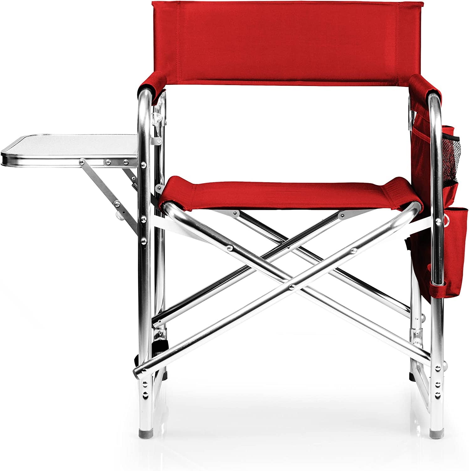 Sports Chair with Side Table, Outdoor Foldable Padded Adult Camping Chairs with Cup and Accessory Panel for Lawn, Beach, & Sports Use for Adults, up to 300-Lbs Capacity, (Red)