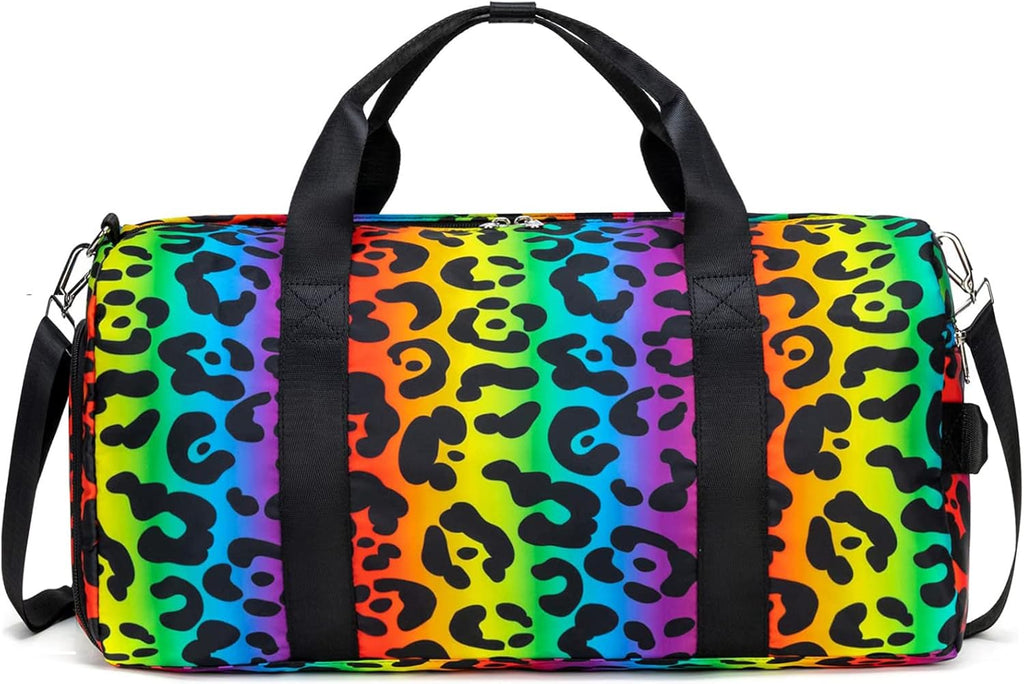 Sport Gym Duffle Travel Bag for Men Women Duffel with Shoe Compartment, Wet Pocket (Rainbow Leopard), 19.7''X9.5''X9.9''